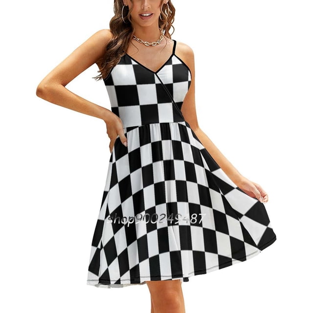 Black Checkerboard Sweetheart Knot Flared Dress Fashion Design Large Size Loose Dress Checkers Checkerboard Checkerboard