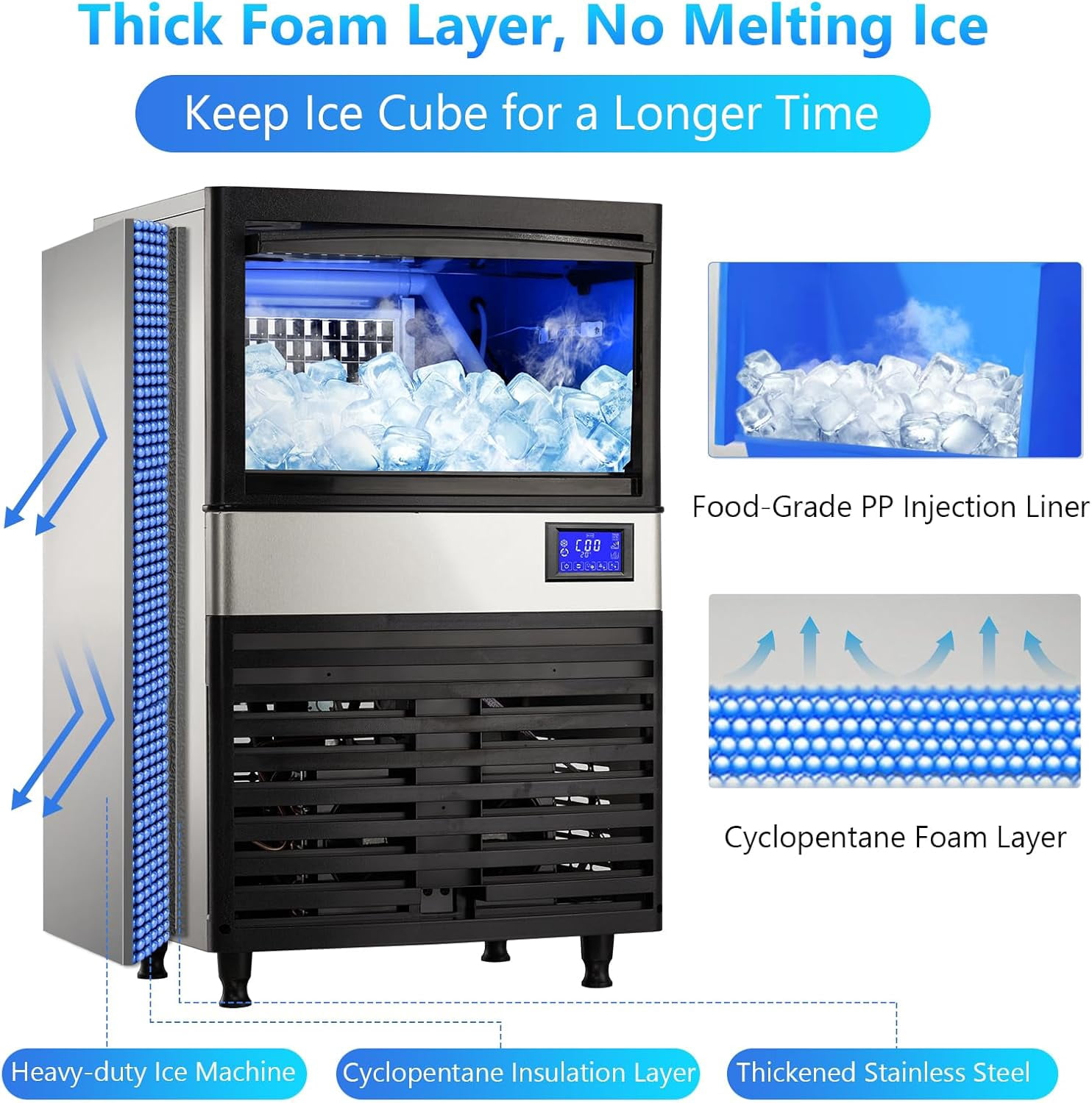 Commercial Ice Maker Machine 110LBS/24H, Undercounter Ice Maker with 27LBS Storage Bin, LCD Panel with Blue Light, Electric Drain Pump, Water Filter & Scoop, Ice Maker for Business, Home, Bar, Coffee