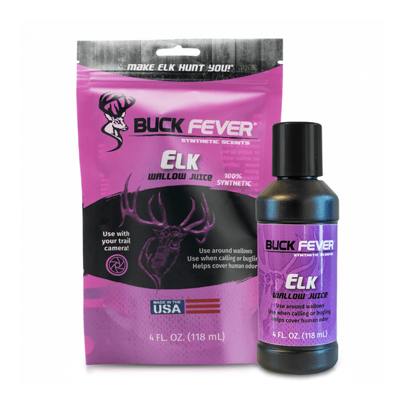 Buck Fever Elk Wallow Juice (4 oz) – Synthetically Formulated Elk Scent Attractant – Non Spoiling Synthetic Cow & Bull Rut Scent for Trail Camera – Moisture Reactivated Mature Bull Hunting Scents