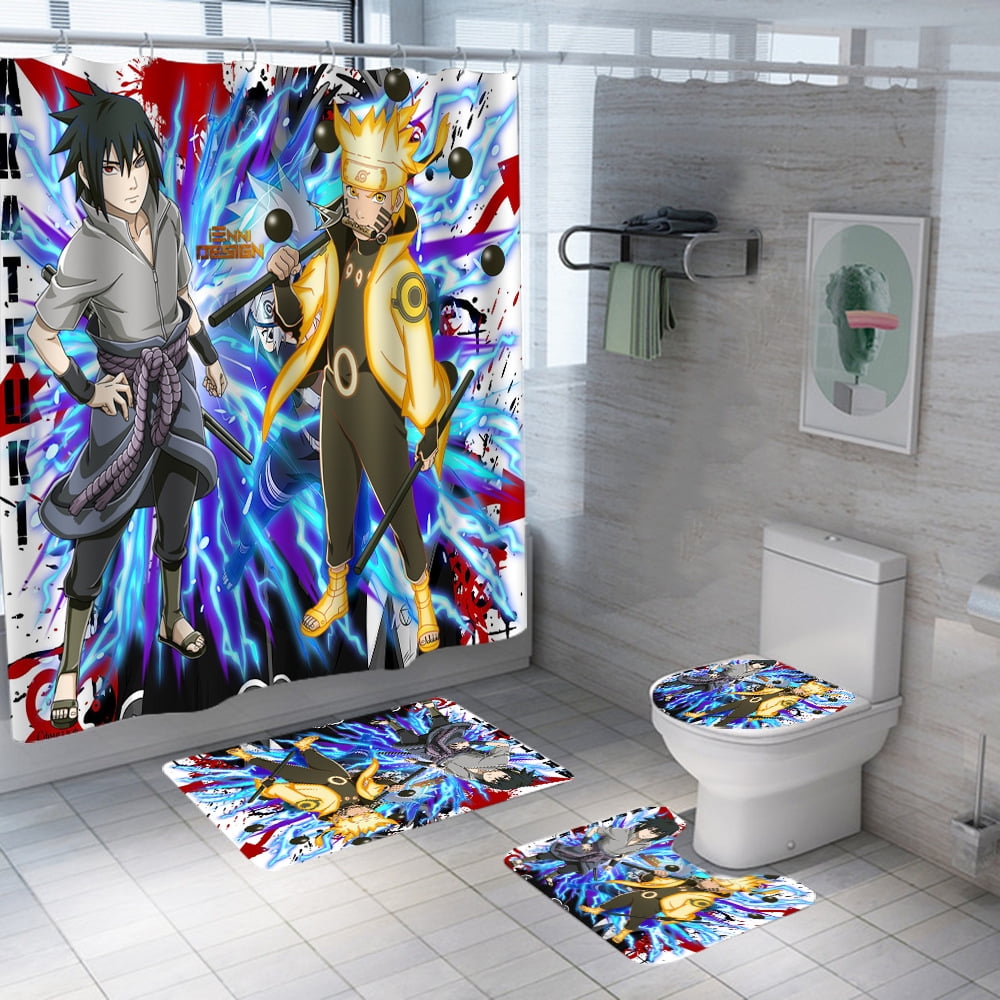 Naruto0 Bathroom Rugs Set 4PCS Shower Curtain Non-Slip Toilet Seat Cover Decor 
