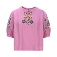 thumbnail image 5 of Women's Short Sleeve T-shirt Embroidered Tops For Women Floral Cotton Linen Tunic Tshirt Tee Women 3/4 Sleeve V Neck Button Boho Ethnic,Pink Women's Short sleeve T-shirt XXL, 5 of 6