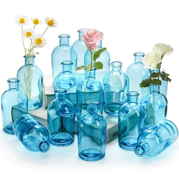 Jarrones de cristal Youeon Blue Living Flowers de 240 ml, juego de 16