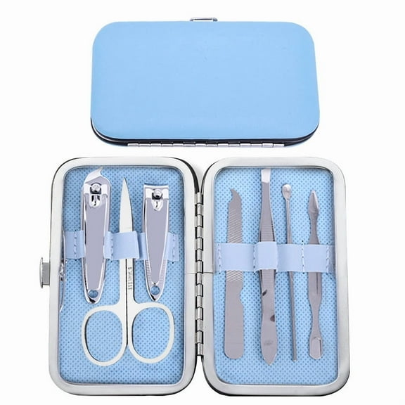 Knubmt Pack of 7 Stainless Steel Manicure Set Portable Nail Clipper Pedicure Grooming Tool Kit for Women Men, Light Blue