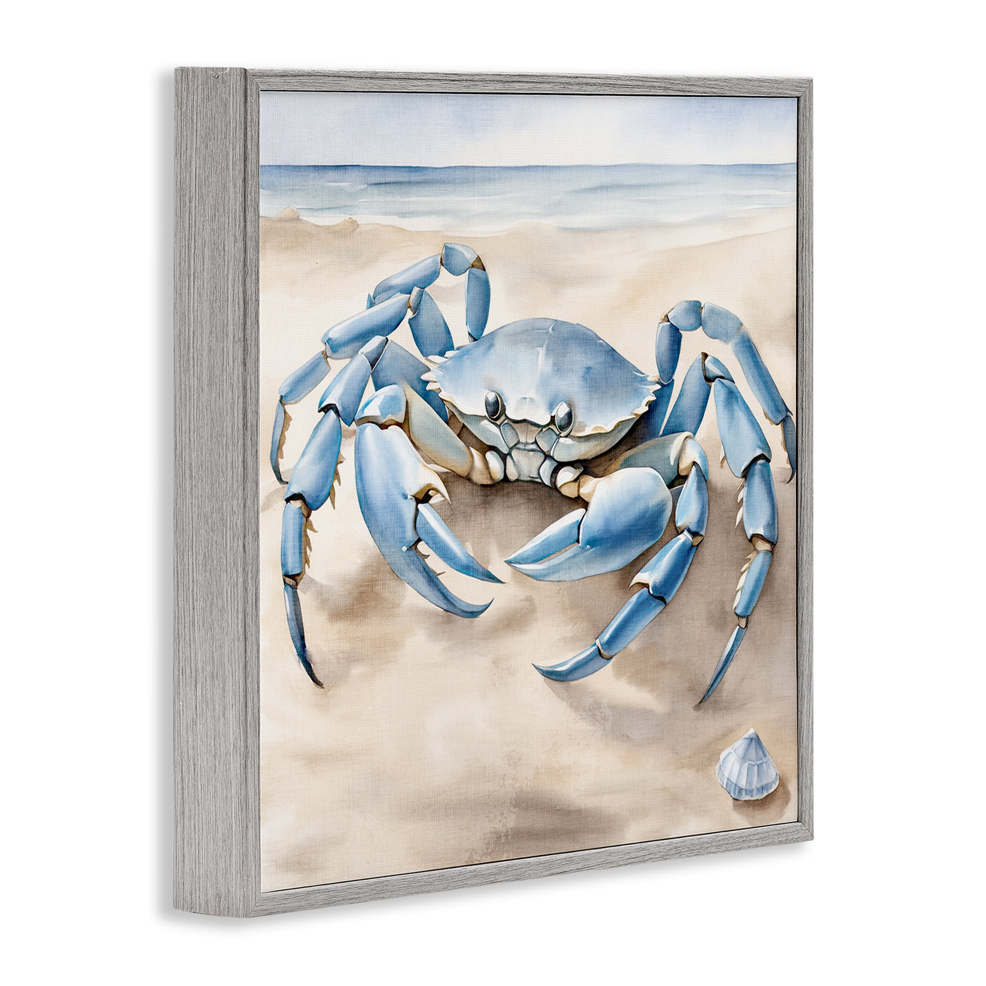 Stupell Industries Blue Crab on Beach Animals & Insects Painting Gray Framed Art Print Wall Art, 12 x 12