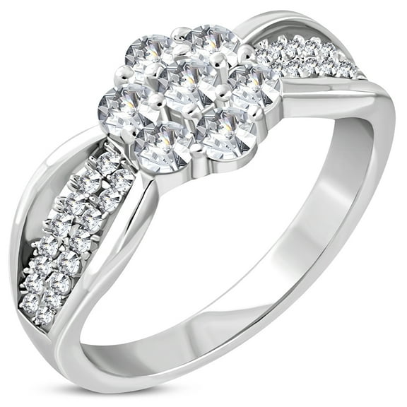 925 Sterling Silver White Clear CZ Flower Floral Engagement Ring Band