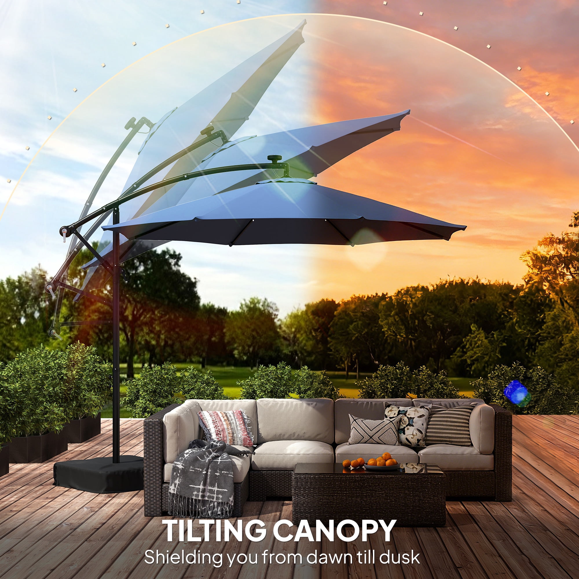 Outsunny 10 ft Cantilever Patio Umbrella with Solar LED Light, Sandbag Weight, Offset Hanging Outdoor Umbrella with Protective Cover, Dark Blue