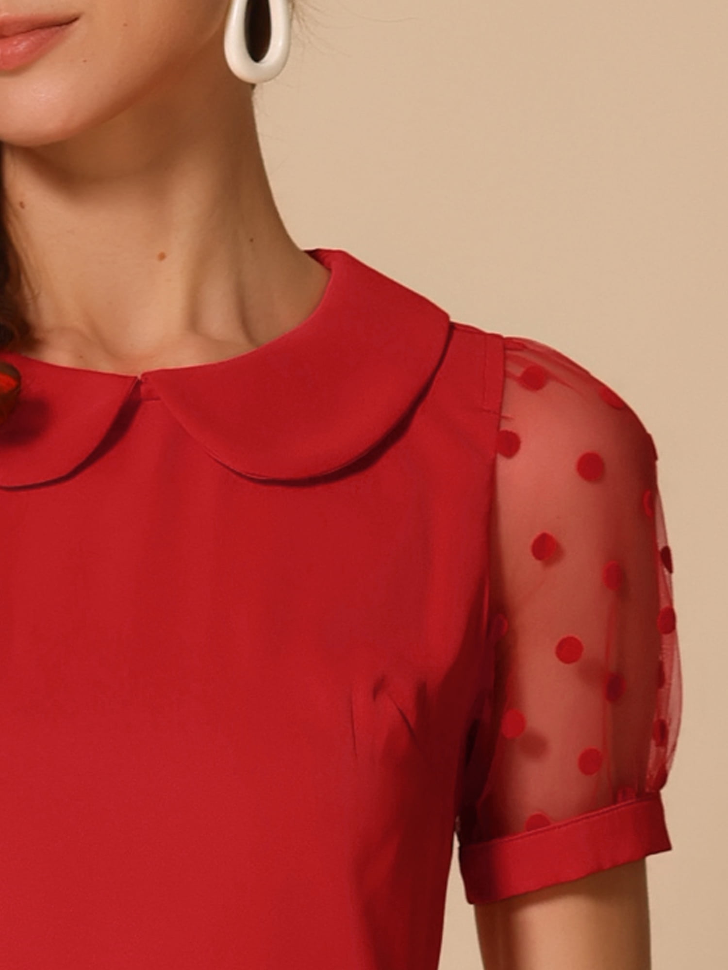 DARING DIVA Women's Polka Dots Mesh Peter Pan Collar Blouses M Red