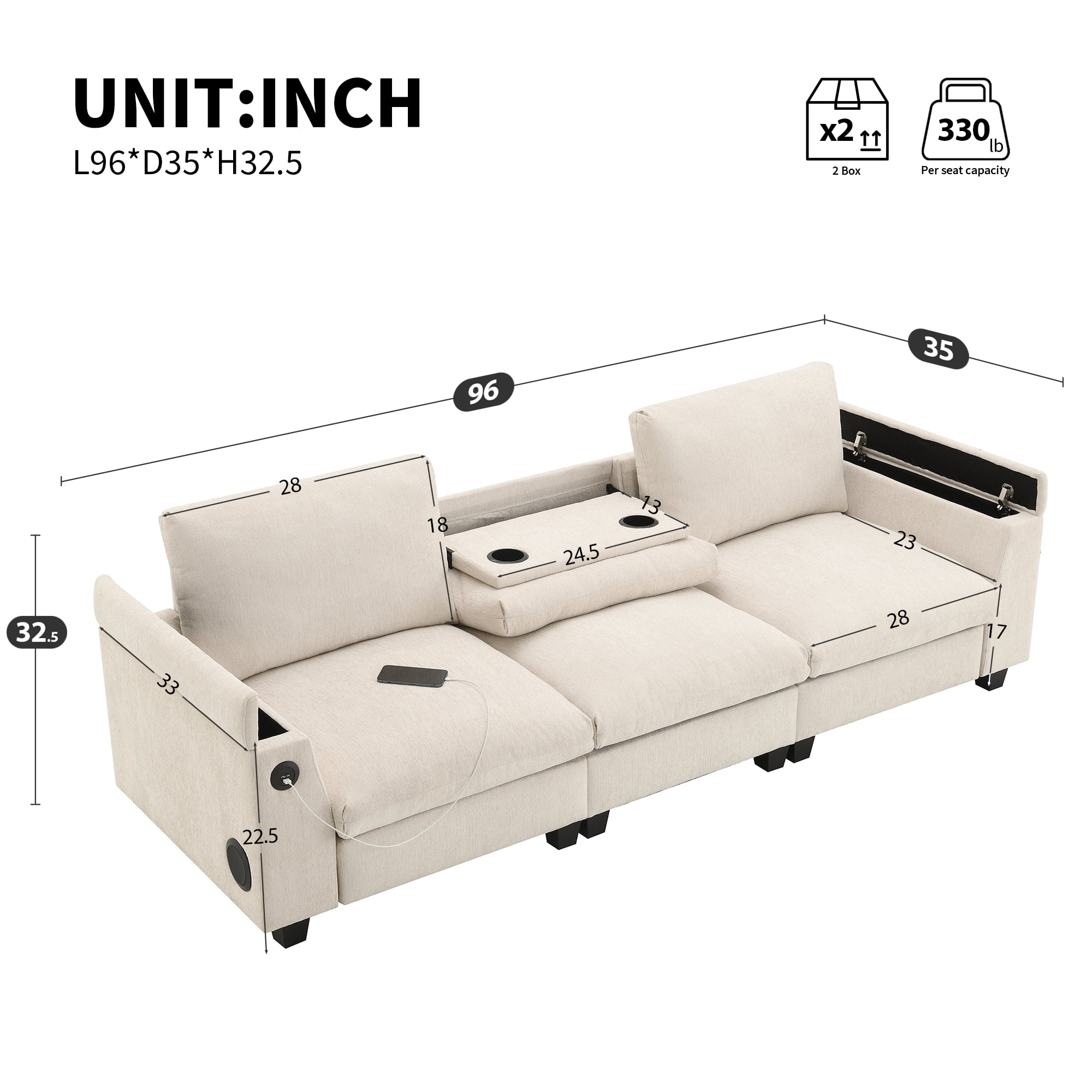 MAYEERTY 96x35" Chenille Sectional Sofa - Bluetooth Speaker, Drop Down Table/Cup Holders/USB/Storage, Wide Seat for Living Room/Apartment/Office, 3 Colors