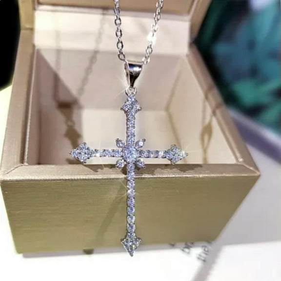 Women Wedding Elegant Cross 925 Silver Necklace Pendant Cubic Zircon Party Gifts