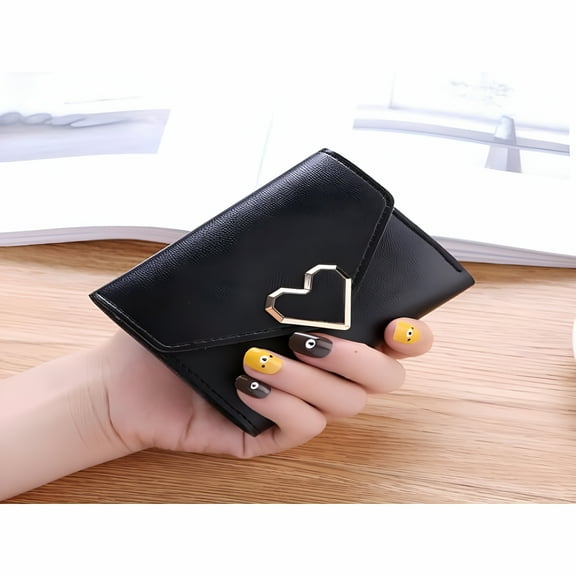 DESIGNICE Women Girls Metal Heart-shaped Short Fold Wallet Card Bag Purse Wallet