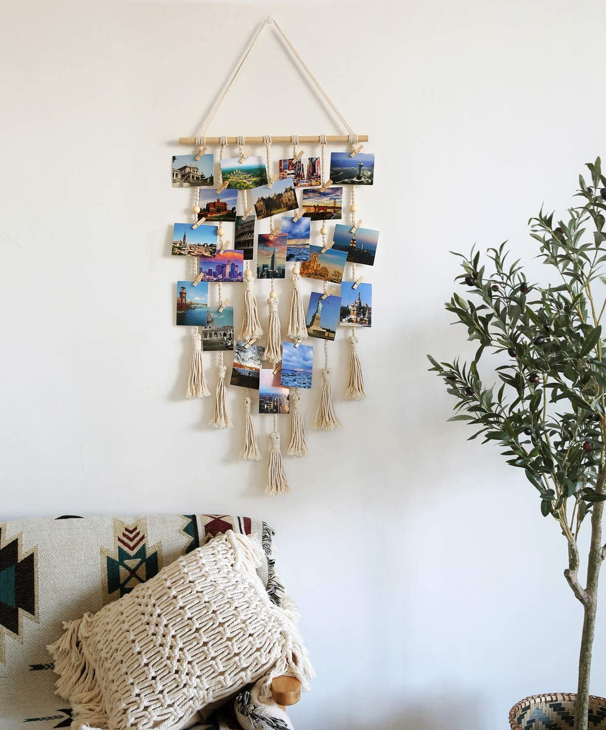 Ivory Hanging Photo Display Macrame Wall Hanging Pictures Organizer Boho Home Decor with 30 Wood Clips Birthday