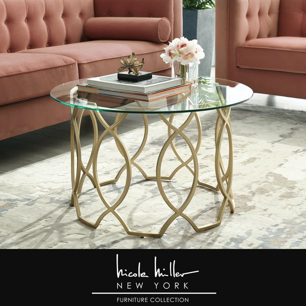 Nicole Miller Margie Coffee Table Clear, Gold Metal And Glass Round Coffee Table