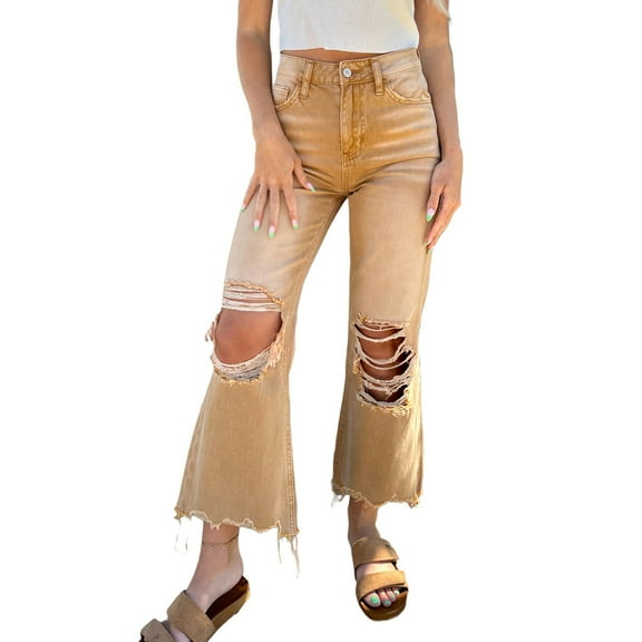 High Waisted Ripped Flare Jeans For Women Casual Distressed Pants