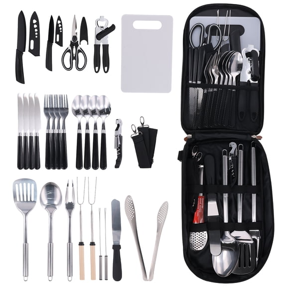 Rimoody Portable Camping Kitchen Utensil Set-27 Piece Cookware Kit, Stainless Steel Outdoor Cooking and Grilling Utensil Organizer Travel Set