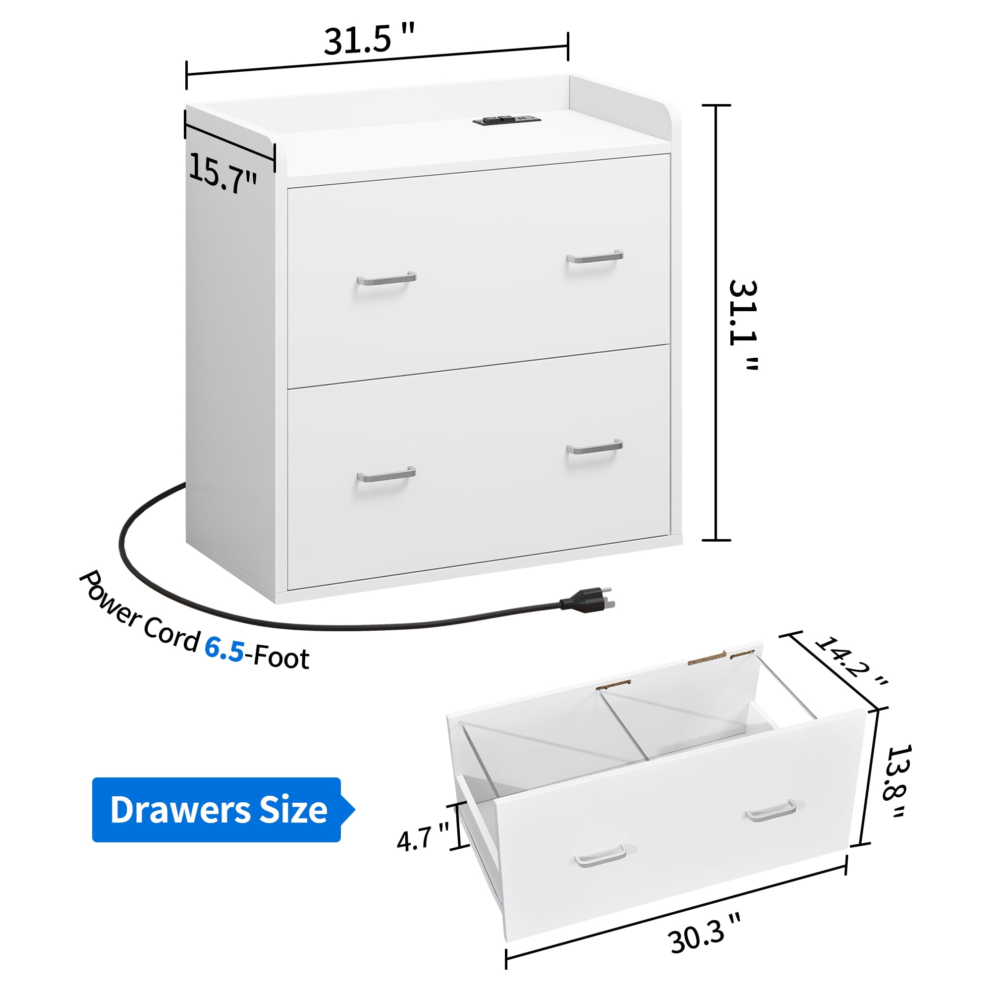 Dextrus Wood File Cabinet with Charging Station, Lateral Filing Cabinet Printer Stand, White