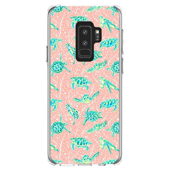 DistinctInk Clear Shockproof Hybrid Case for Samsung Galaxy S9  PLUS (6.2" Screen) - TPU Bumper, Acrylic Back, Tempered Glass Screen Protector - Preppy Pattern - Turtles on Pink Background