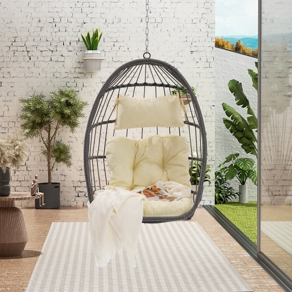 Hanging Egg Chair Without Stand,Rattan Wicker Swing Egg Chair with Resistant Cushion,Outdoor Swing Chair for Balcony Garden Bedroom,Khaki Yellow