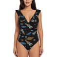 thumbnail image 2 of Yiaed Space Rocket Print Women's Ruffled One Piece Swimsuit V Neck Swimwear Slimming Monokini for Woman-X-Large, 2 of 8