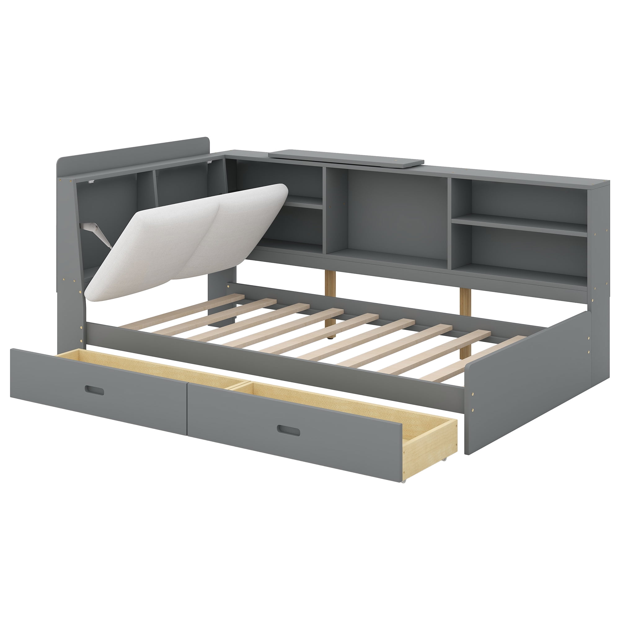 Euroco Wood Twin Platform Bed with Storage Headboard and Shelves, 2 Drawers Floor Bed for Kids Teens, Gray