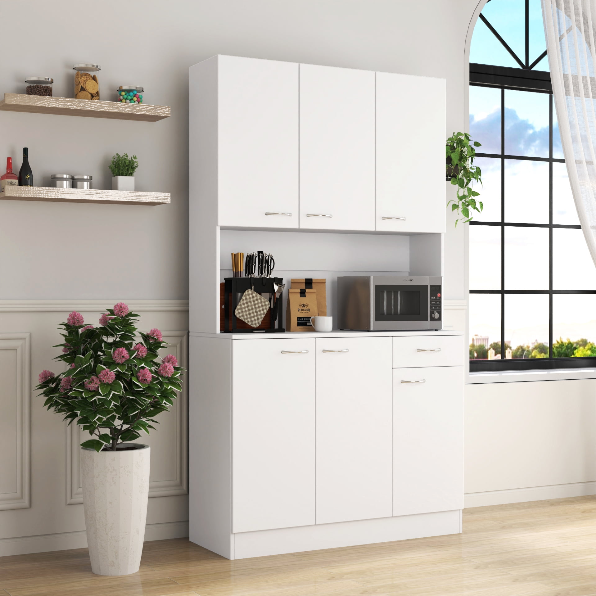 Mintazer 70.8" Tall Kitchen Pantry Cabinet with Open Shelf, Freestanding Food Storage Cabinet with Drawer & 6 Doors for Hallway Living Room Kitchen, White