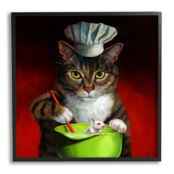 Stupell Industries Cat Chef & Mouse Animals & Insects Painting Black Framed Art Print Wall Art, 12 x 12