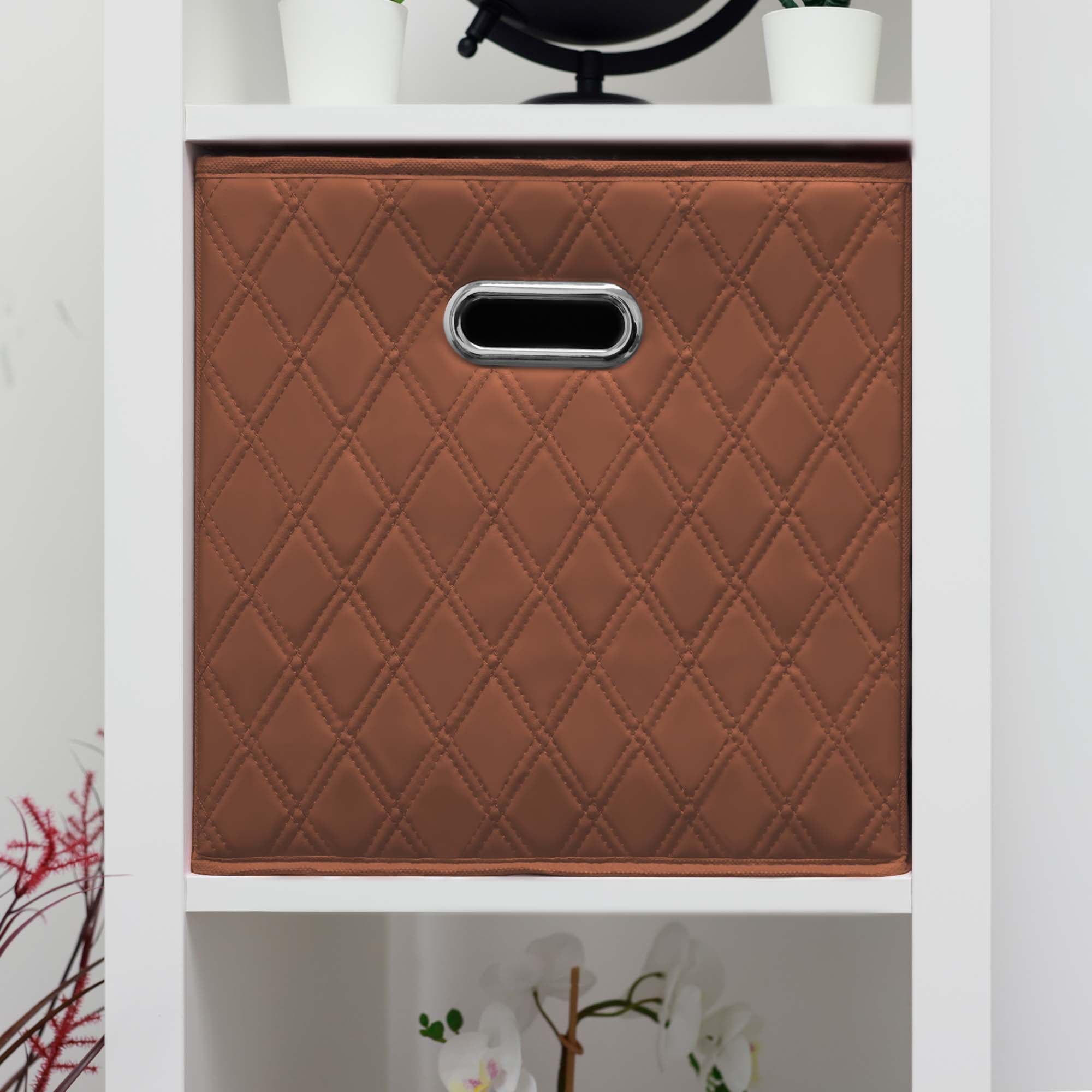 JIAessentials Set of 4 Foldable Faux Leather Cube Storage Bins Collapsible Baskets 11 inch with Dual Handles - Brown Small