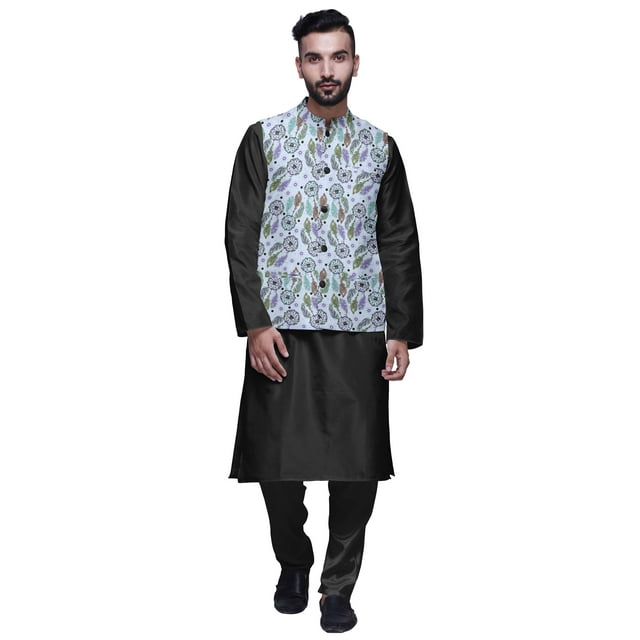 Atasi Kurta Pyjama Traditionnel Uni à Col Mandarin avec Ensemble de Veste Imprimée