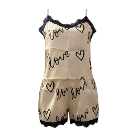 

Outfmvch womens pajama sets Women s Ice Silk Shredded Milk Suspender Home Clothes Set Soft Love Printed Pajama Set lingerie for women