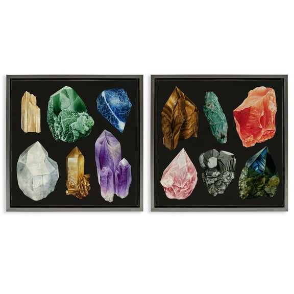 Stupell Industries Various Gemstones on Black STEM Painting Gray Floater Framed Canvas Art Print Wall Art, 18 x 18, Set of 2
