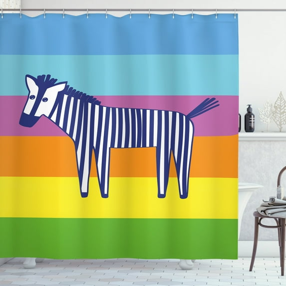 Rainbow Zebra Shower Curtain, Funny Doodle Animal on Colorful Horizontal Stripes, Fabric Bathroom Set with Hooks, 69W X 75L Inches Long, Dark Blue and Multicolor, by Ambesonne