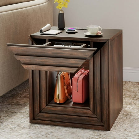 Uforic Square End Table with Charging Station & Storage Drawer, Rustic Side Table, Walnut