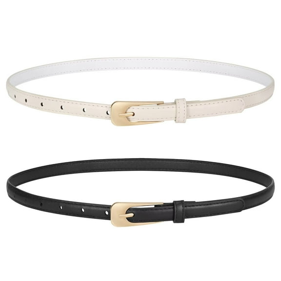 JASGOOD 2 Pack Women Thin Leather Belts Ladies Skinny Waist Belt for Dresses Jeans with Gold Buckle