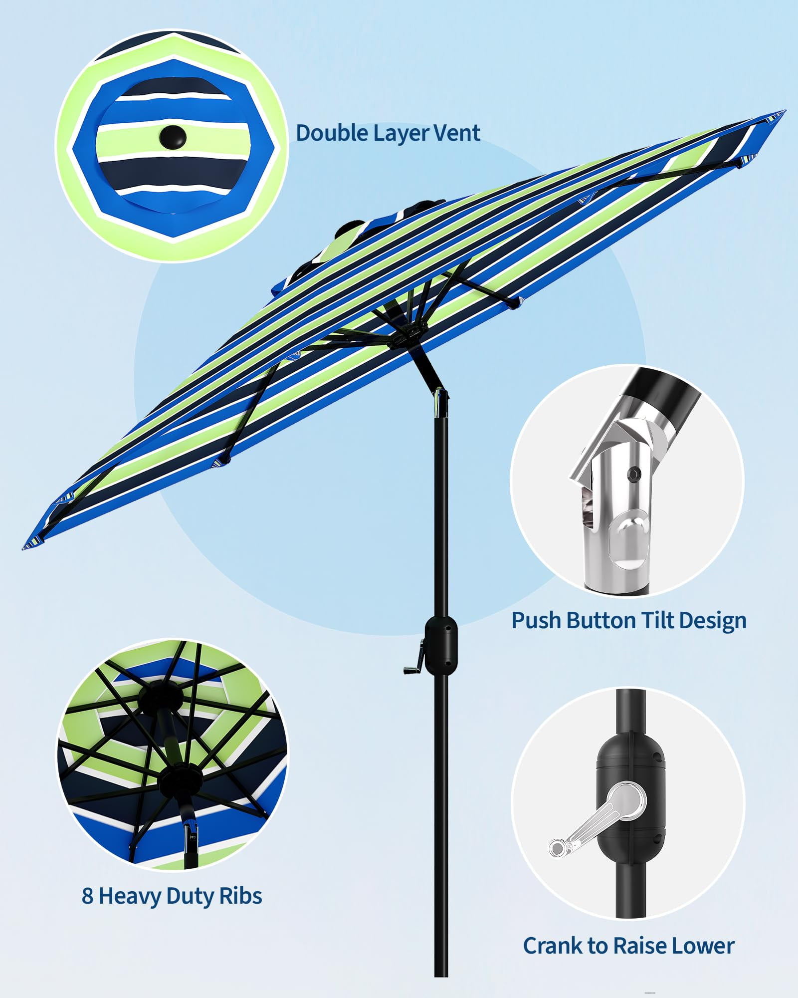 9FT Large Outdoor Patio Umbrella Market Table Umbrella-UV Resistant, Easy Push Button Tilt and Crank, 8 Ribs Heavy-Duty Pool Umbrella for Deck, Backyard,Garden