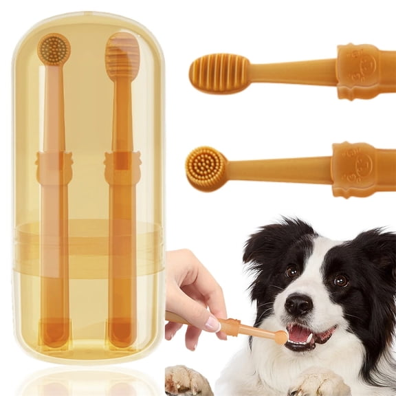 2Pcs Silicone Soft Pet Toothbrush Set for Dogs & Cats, 360° Gentle Oral Care Brush, Reduces Bad Breath Freshens Mouth, 2 Pack with Storage Box, Pet Dental Cleaning Supplies(Beige)