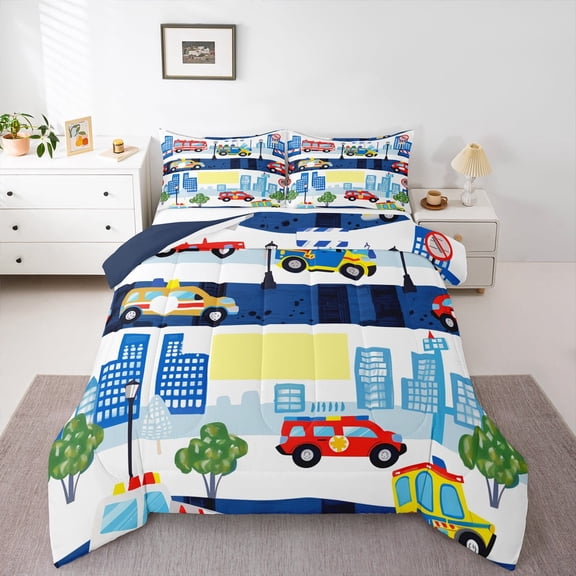 jejeloiu Cartoon Poloce Car Full Size Comforter Sets,Equipment Vehicle Bedding Comforter Set,Moderb City Bedding Sets For Teens,Luxury Bedroom Decor Reversible,3pcs