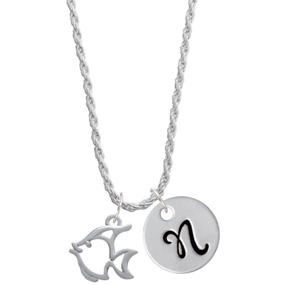 Delight Jewelry Silvertone 2-D Open Angel Fish Silvertone Script Initial Disc - N - Charm Necklace, 20"+3"
