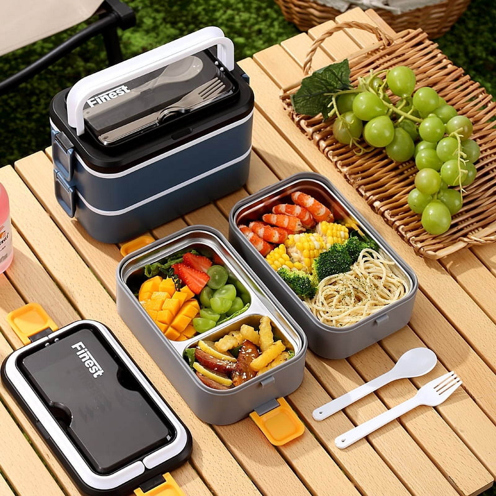 Stackable lunch box Stainless steel with 3 Compartments, Reusable Utensils, Leak resistant,1400 ML Capacity, Microwave safe bento box
