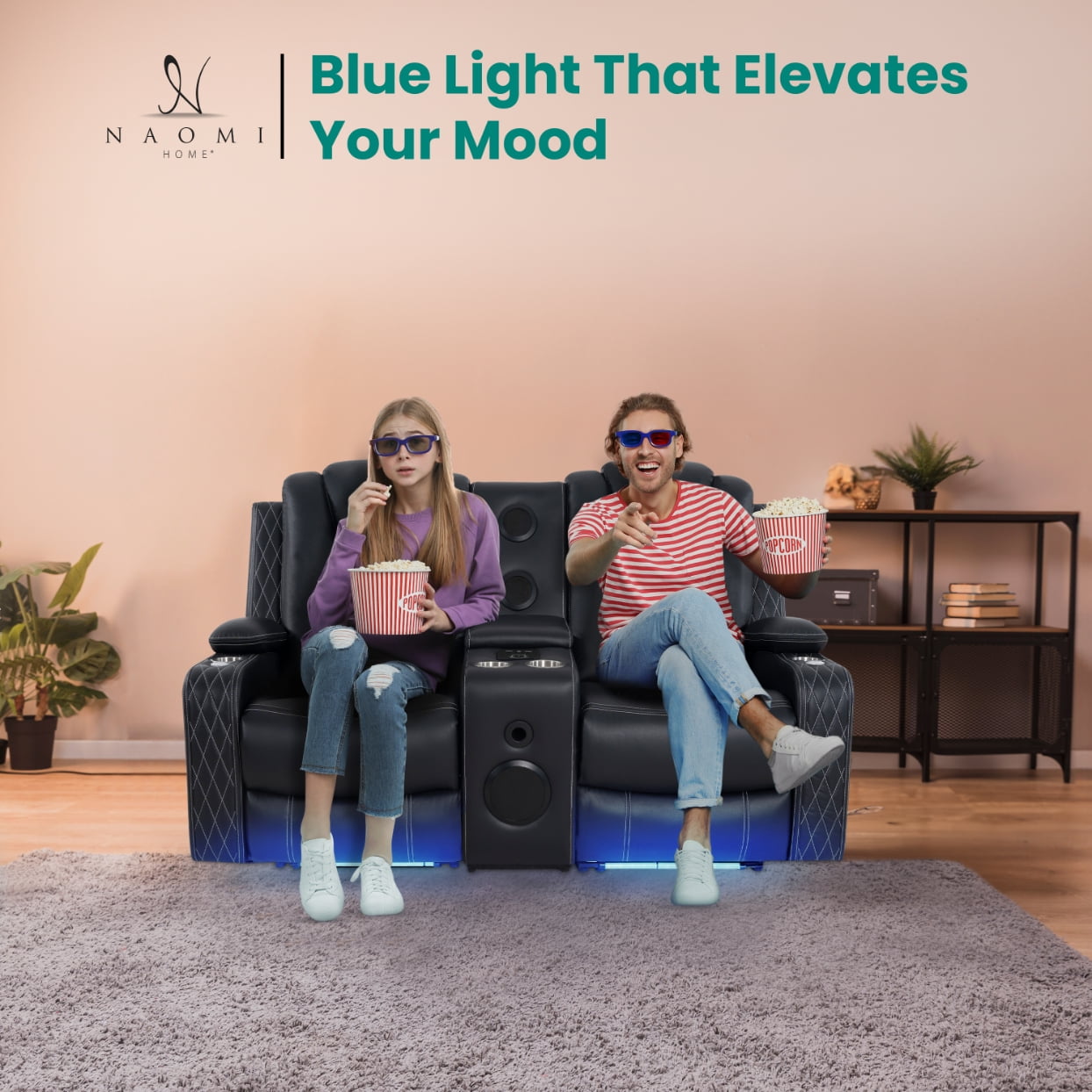 Home Theater Seating, Gaming Chairs for Adults, Wireless Charging Movie Theater Chairs, Power Recline Loveseat with 6 Cup holders and Tray, Powerful in-Built Speaker, USB Ports, Air Leather – Black