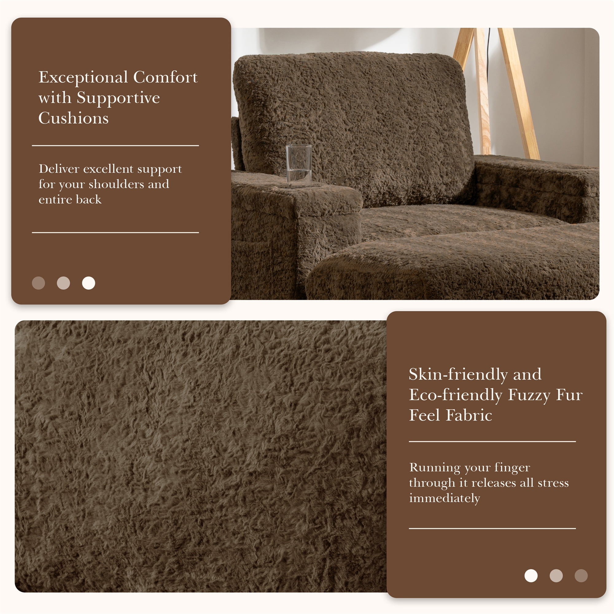 Aukfa 42 inch Chaise Lounge w/ 2 Cupholders, Storage Ottoman, Plush Chair Bed for Living Room, Brown