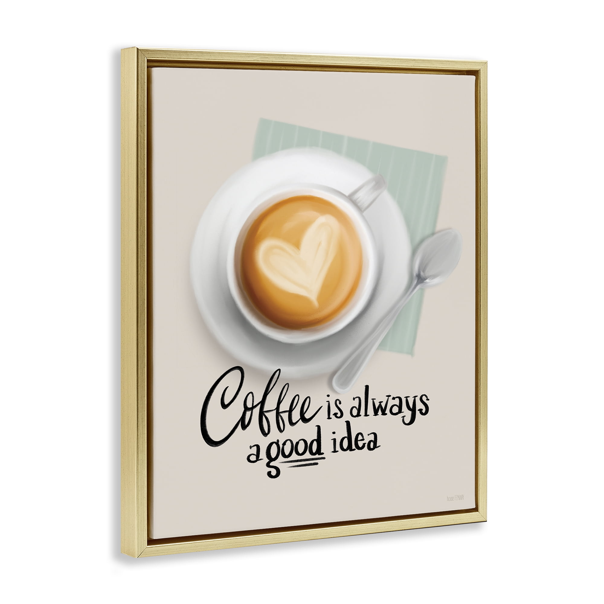 Stupell Industries Coffee Always Good Idea Food & Beverage Painting Gold Floater Framed Canvas Art Print Wall Art, 17 x 21