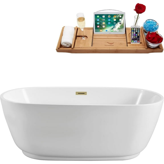 59" Streamline N560BBR Soaking Freestanding Tub and Tray With Internal Drain in Brushed Brass