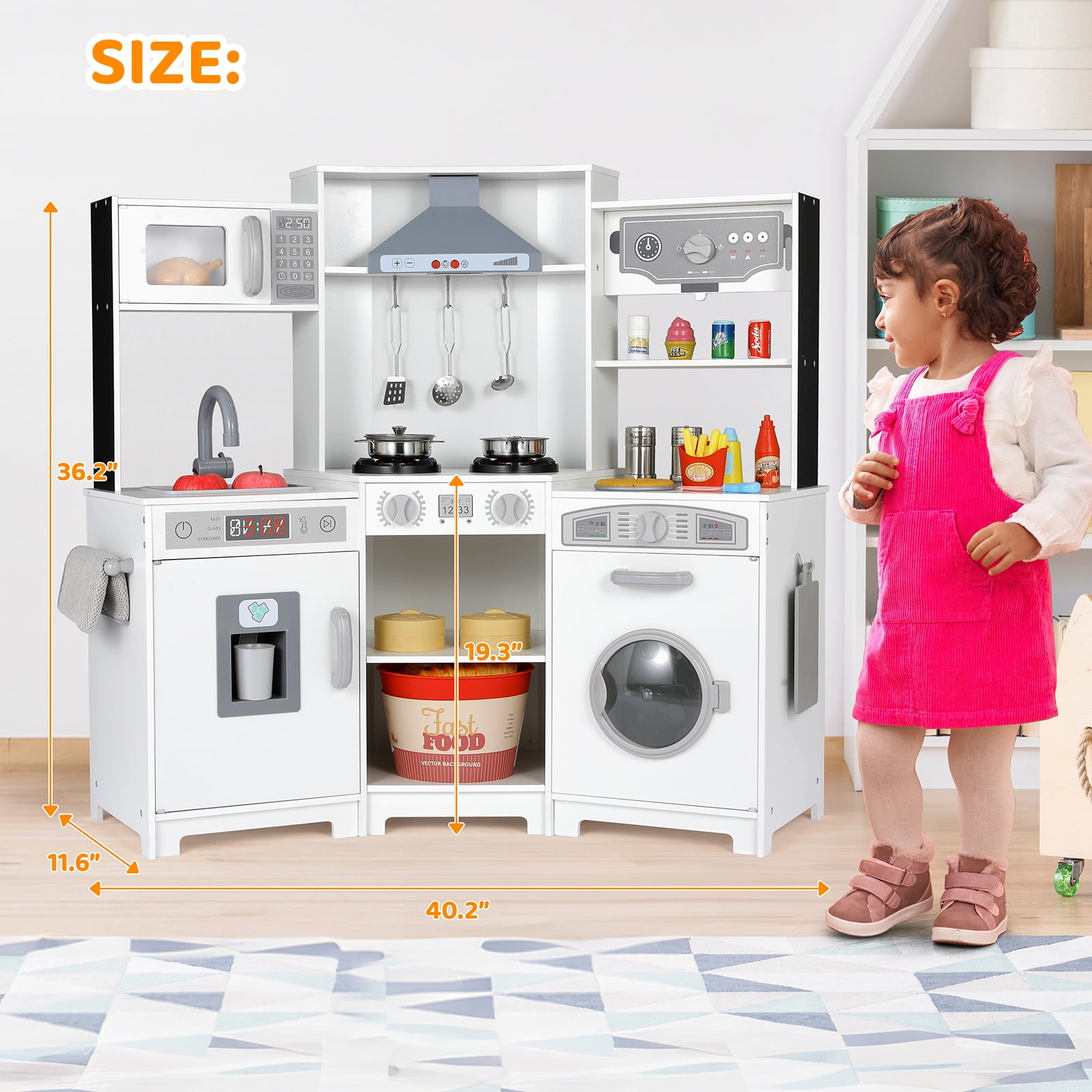 Arlopu Kids Corner Kitchen Playset Wooden Chef Play with Stove, Water Dispenser, Cutting Board