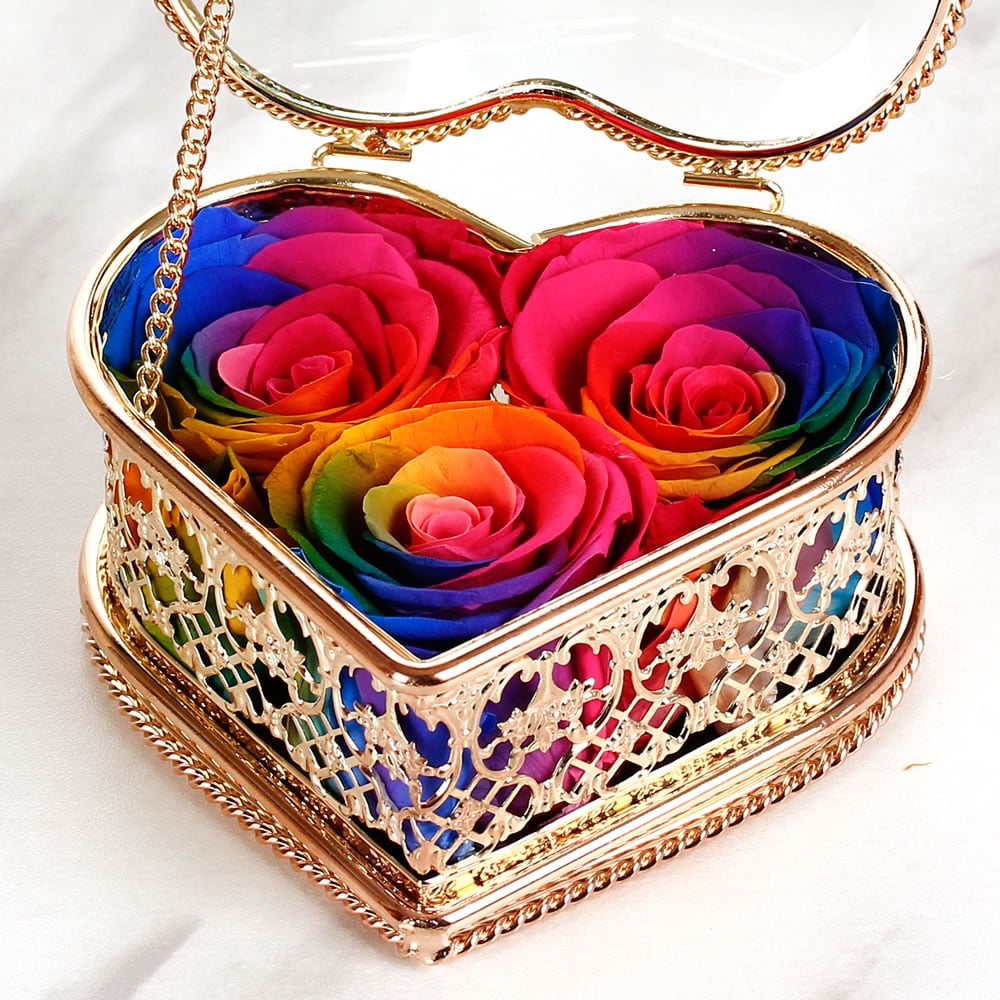 Enchante Preserved Forever Rose Vintage Heart Jewelry Box, Wedding Anniversary Birthday Valentine's Day Mother's Day Gift Eternity Flower, Rainbow