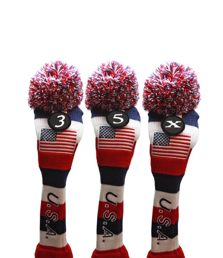 USA Majek Golf 3 5 X Fairway Woods Headcovers Pom Pom Knit Limited Edition Vintage Classic Traditional Flag Stars Red White Blue Stripes Retro Head Cover Fits 260cc Woods - image 1 of 7