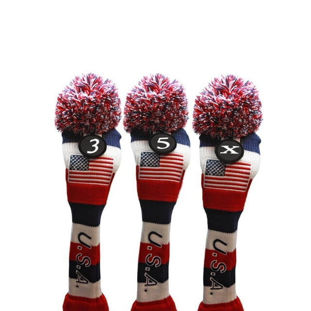 USA Majek Golf 3 5 X Fairway Woods Headcovers Pom Pom Knit Limited Edition Vintage Classic Traditional Flag Stars Red White Blue Stripes Retro Head Cover Fits 260cc Woods