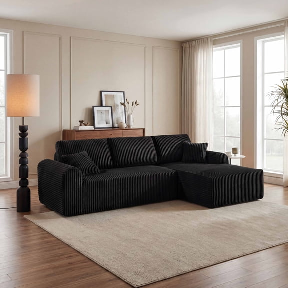 Muumblus 109" Oversized L-Shaped Modular Sectional Sofa with Movable Chaise, Boneless Corduroy Cloud Couch for Living Room, Black (Right Facing Chaise)