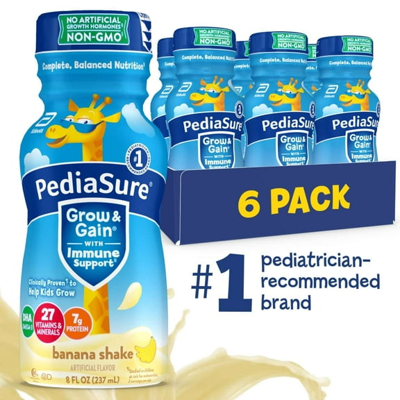 PediaSure Grow & Gain with Immune Support, 7g Protein, Banana, 8-fl-oz Bottle, Pack of 6