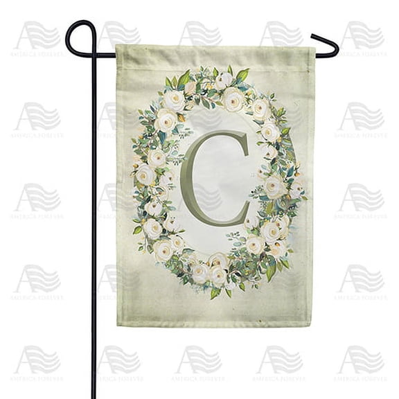 America Forever Spring Monogram Garden Flag Letter C 12.5 x 18 inches Double Sided Vertical Outdoor, Yard, Lawn, Beautiful Floral Wreath, White Flowers, Rose, Summer Themed Garden Flag