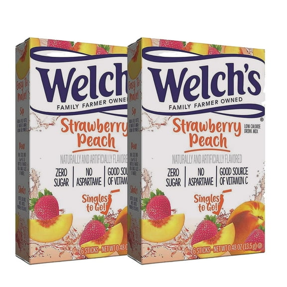 NS Welch's Singles To Go Water Drink Mix Low-Calorie Powder Stick, Strawberry Peach, 2 Boxes, 6-0.48oz Sticks per Box, 12 Total Servings