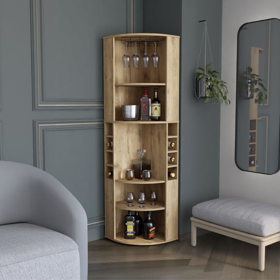 Kitchen Wine Racks Oban Corner Bar Cabinet with Five Shelves , Eight Bottle Cubbies and Steamware Macadamia,Wine Racks For Kitchen Counter